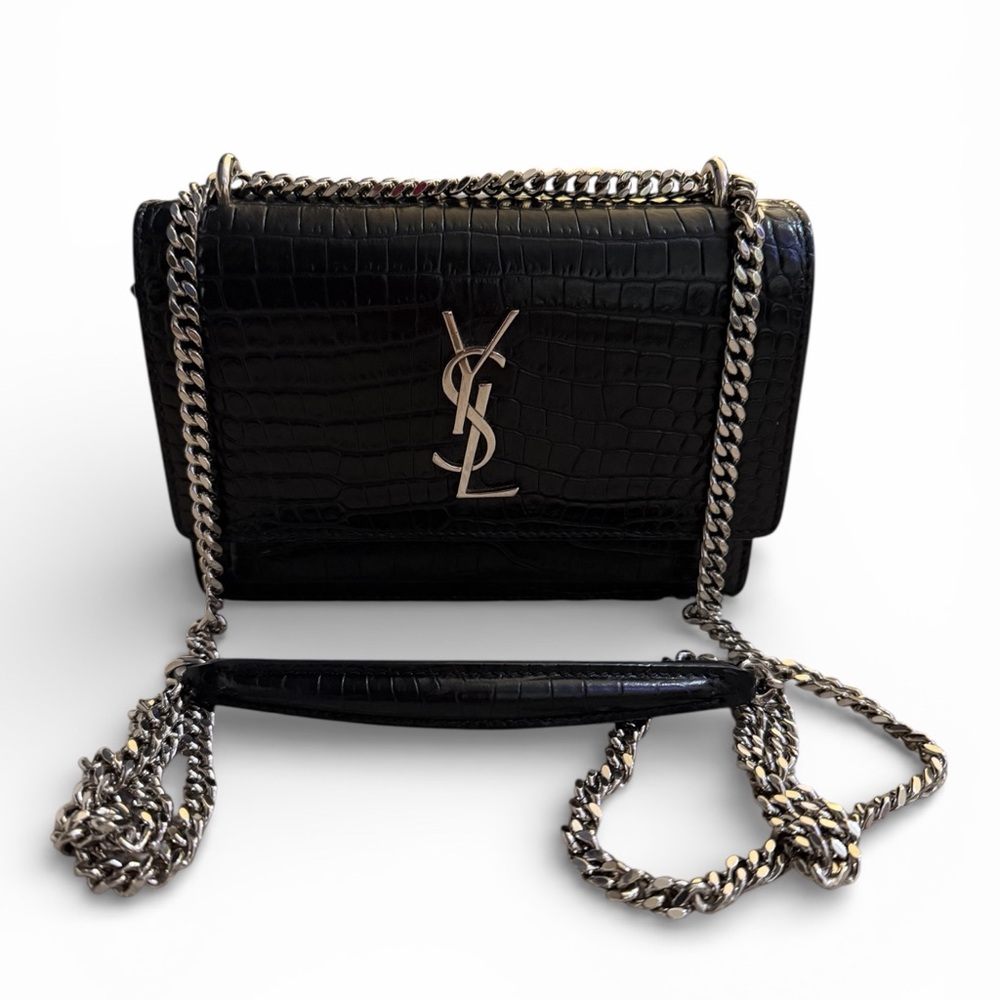 Yves Saint Laurent Black Croc-Embossed Shoulder Bag - Picture 3 of 8